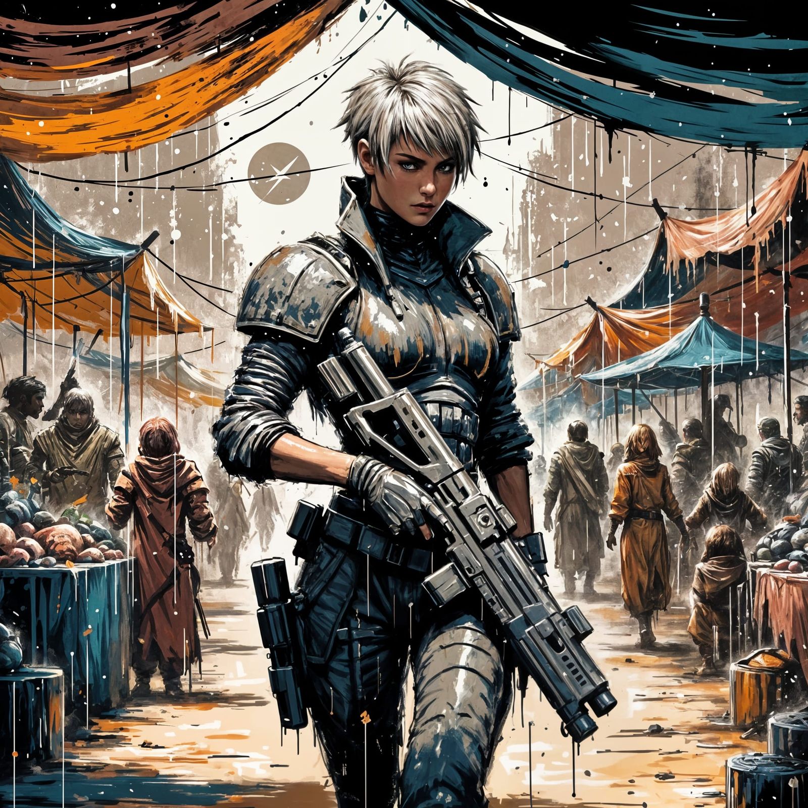 Lone Warrior Patrolling Desert Market in Anime Style