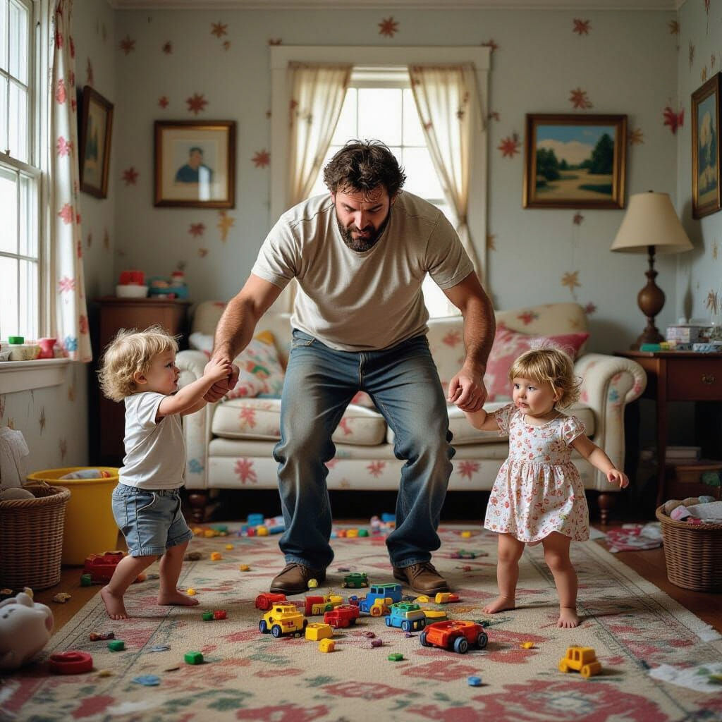 Frustrated Father Wrangling Toddlers Amidst Toy-Filled Livin...