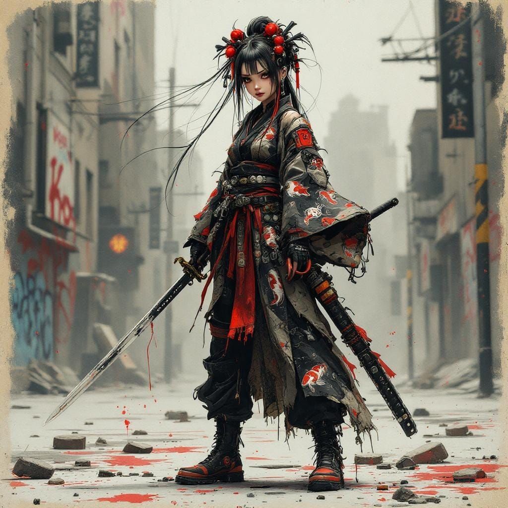 Cyber Geisha Doll with Sword in Charcoal Sketch Style