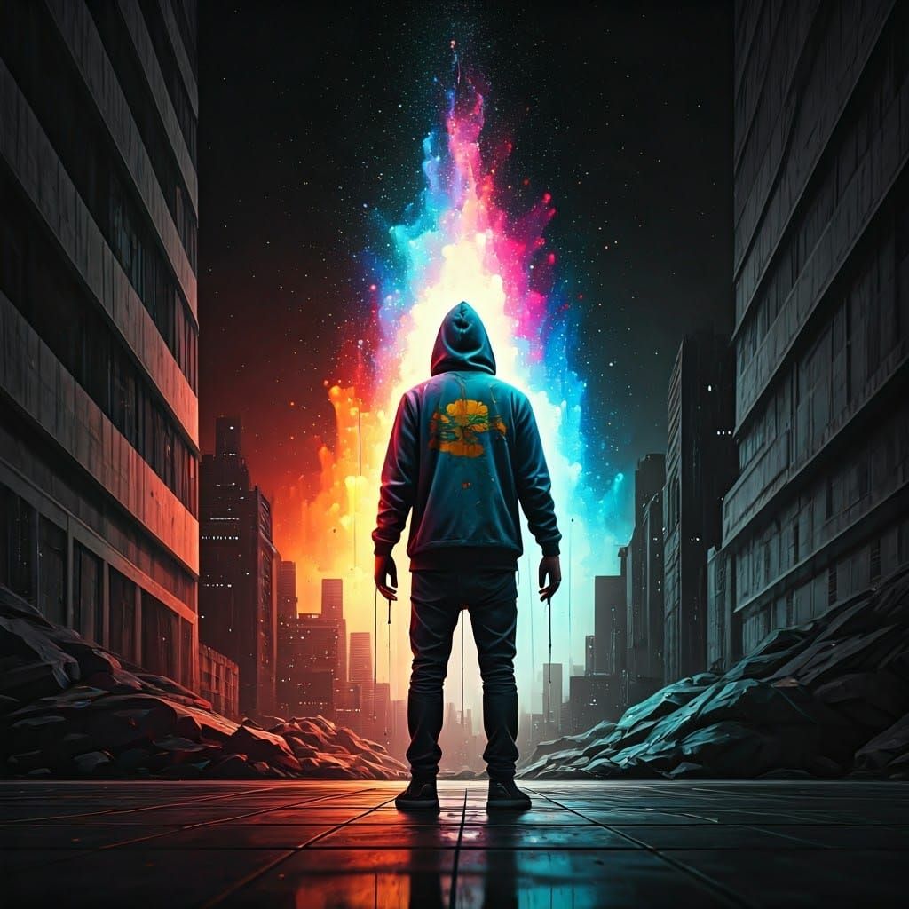 Nebula Constellation Hooded Figure Spray Painting Cityscape