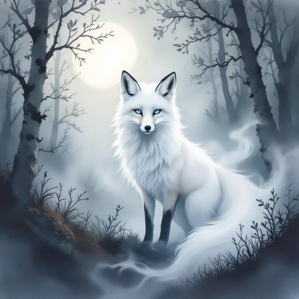 A spectral fox made of swirling white smoke, with piercing b...