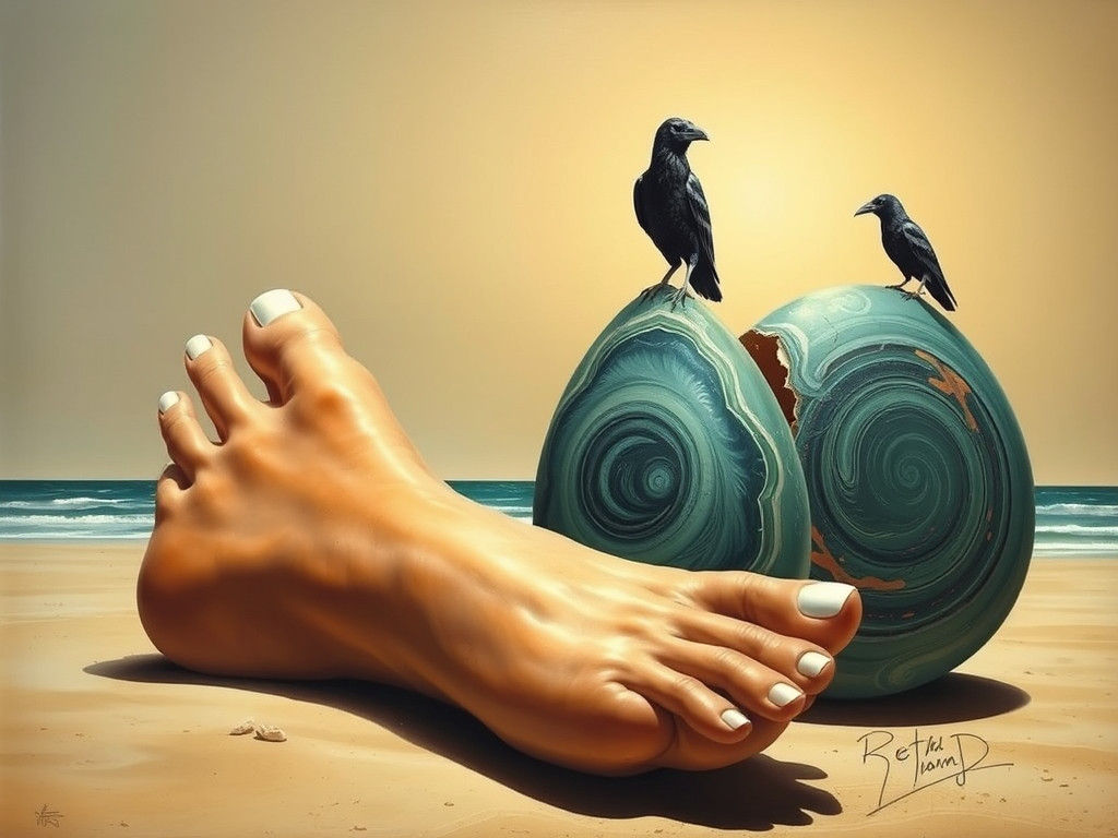 Surrealist Beach Scene with Giant Foot and Egg