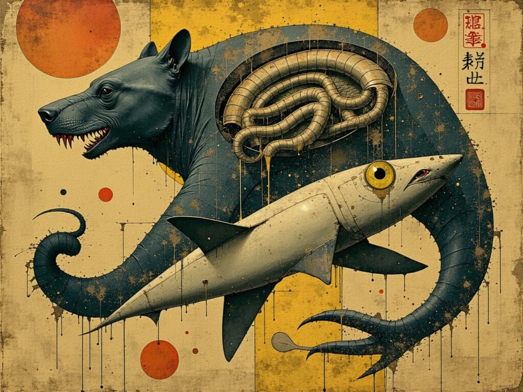 Surreal Nightmare: Mythical Beasts in Egon Schiele Style