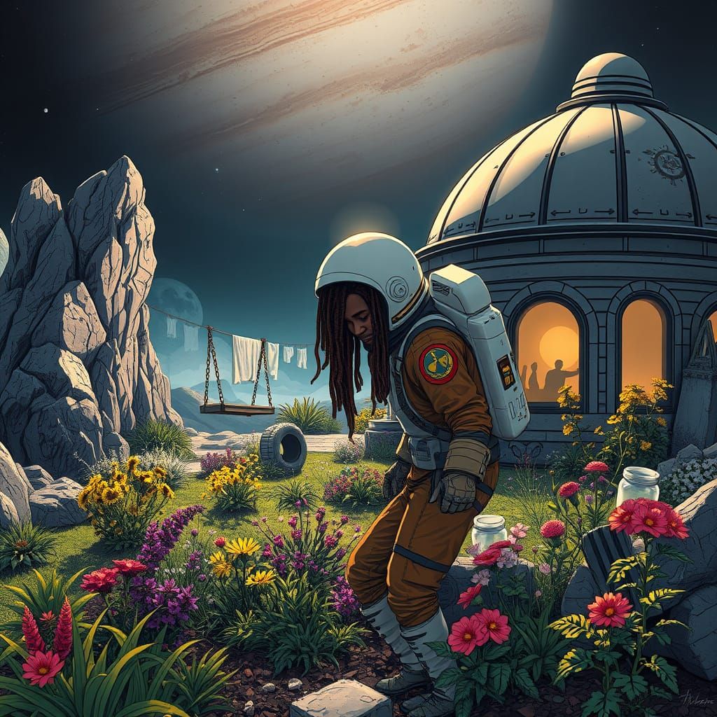 Man Tends Garden Outside Space House on Jovian Moon