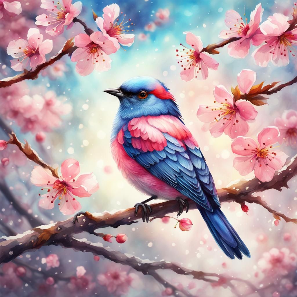 A watercolor painting of a beautiful cherry blossom bird on the branch of a blossom tree