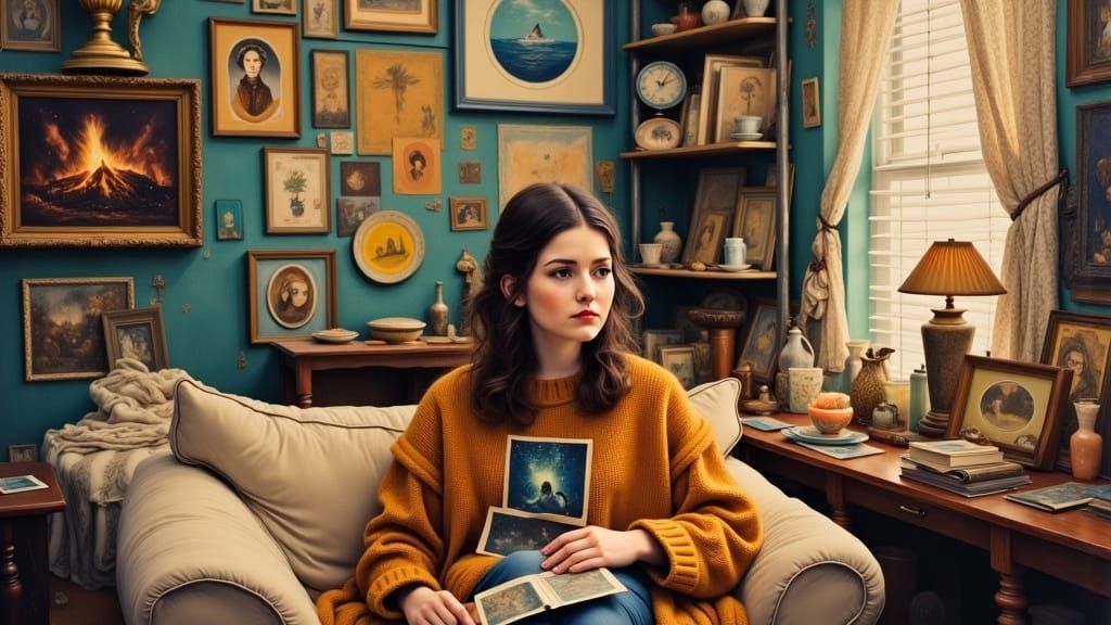 Longing Woman in Cozy Room, Whimsical Collage
