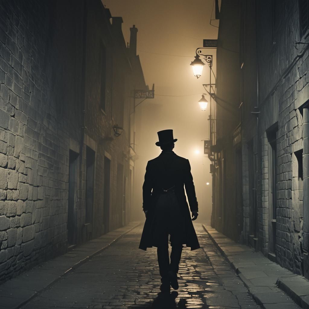 Film Noir Top Hat Figure in Misty Alley