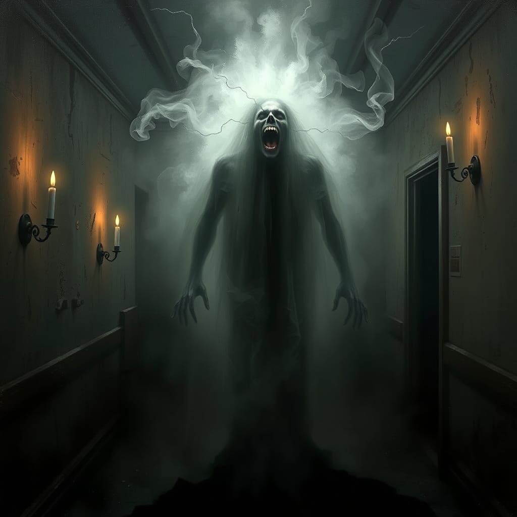Ethereal Ghost Laughing in Dark Surrealism Style