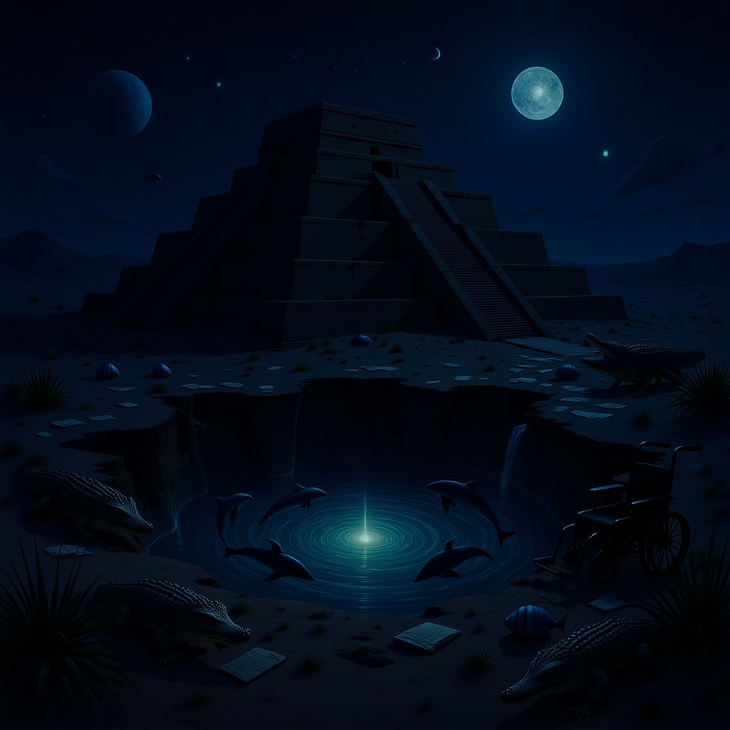 Ancient Ziggurat and Underground City Under Celestial Sky