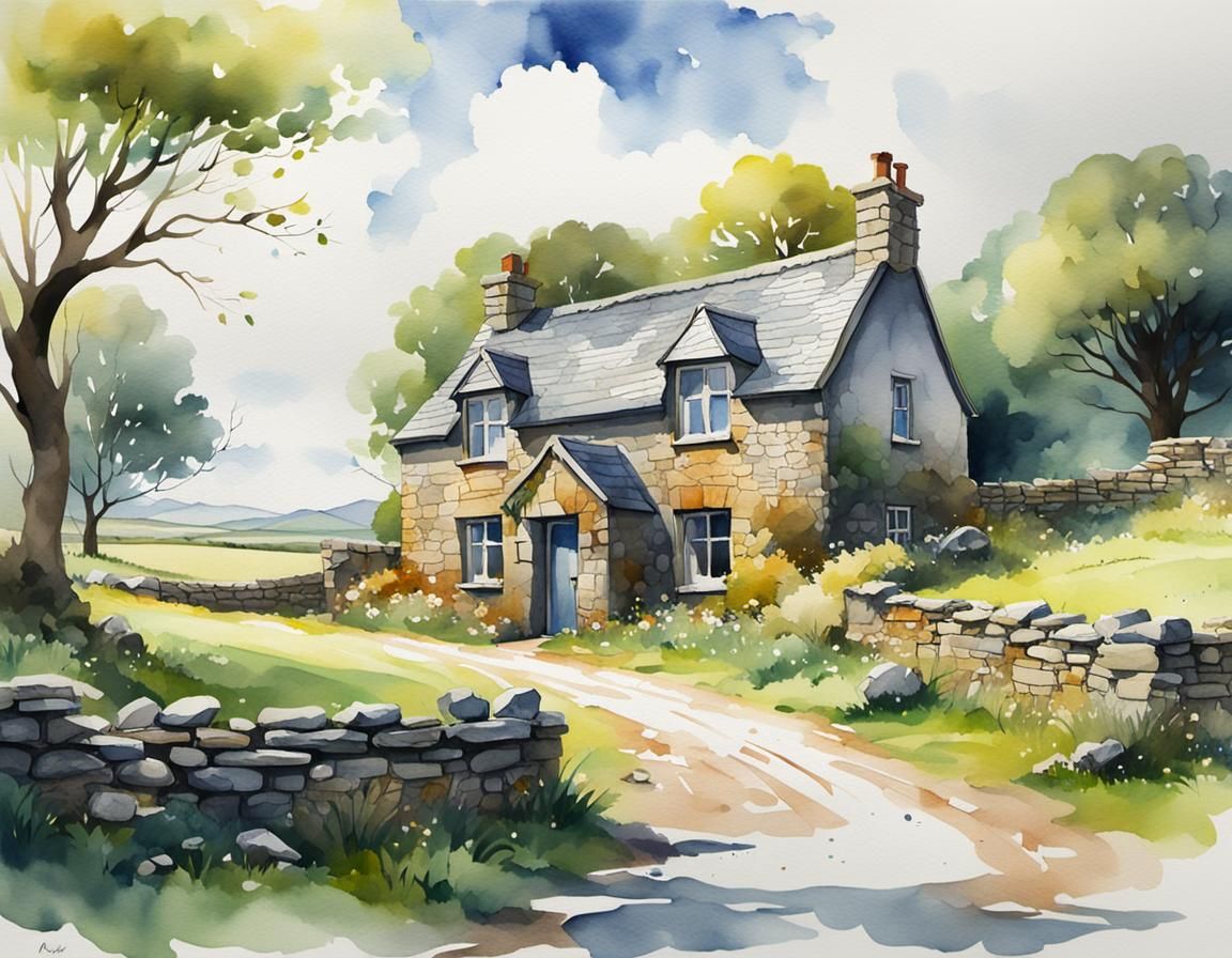 Irish Rural Landscape Watercolor Painting