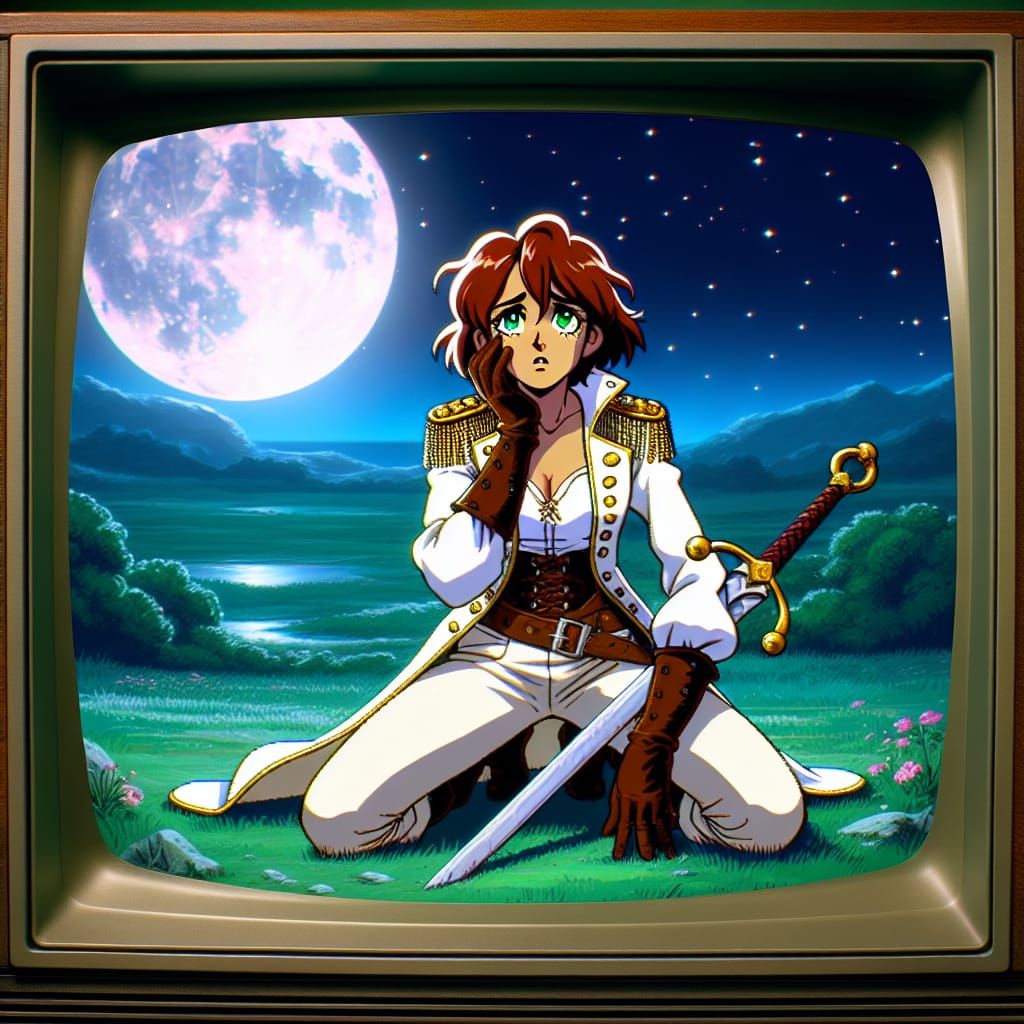 Cartoon Adventurer in Field Under Ruby Moon