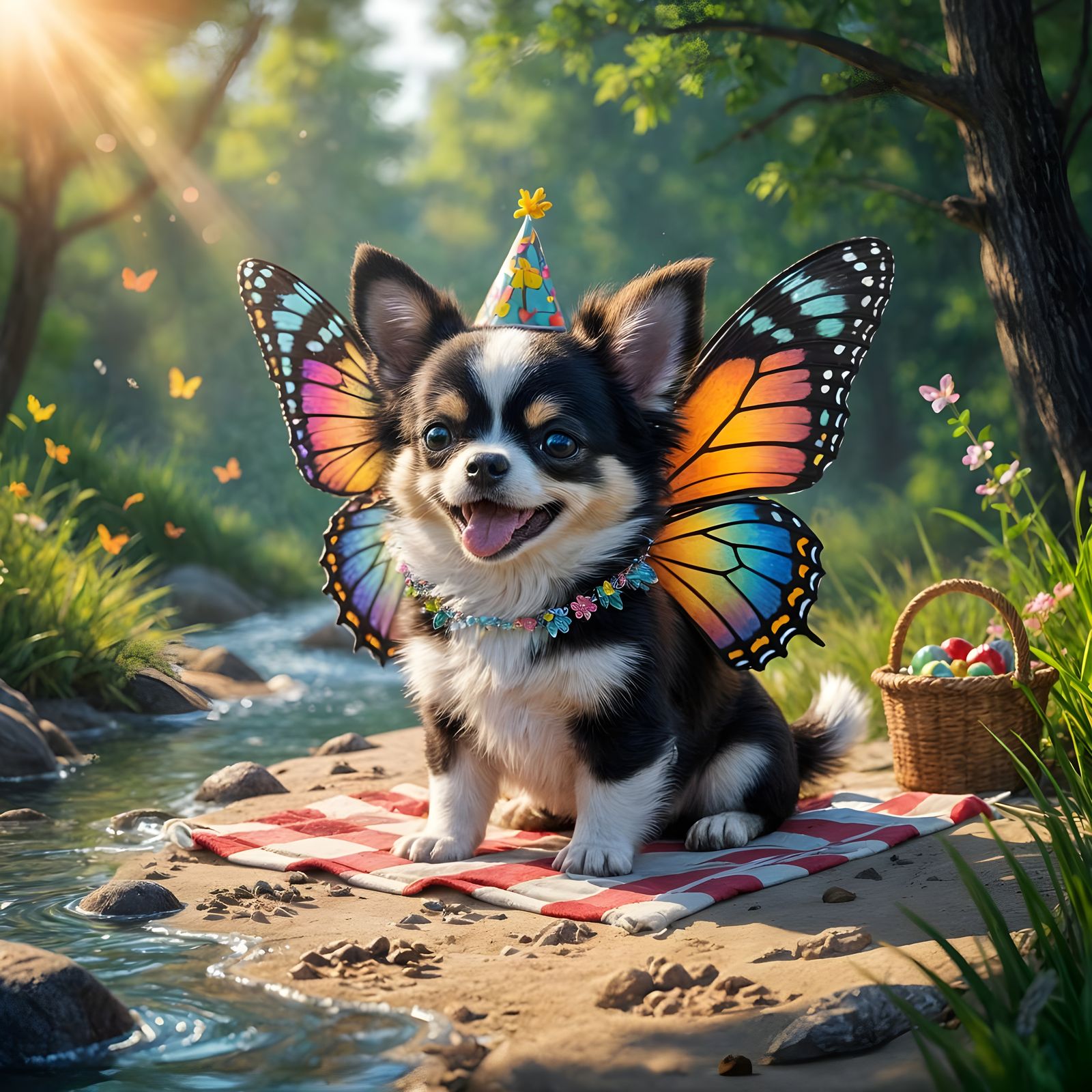 Chihuahua Butterfly Dog at Picnic in Nordic Forest