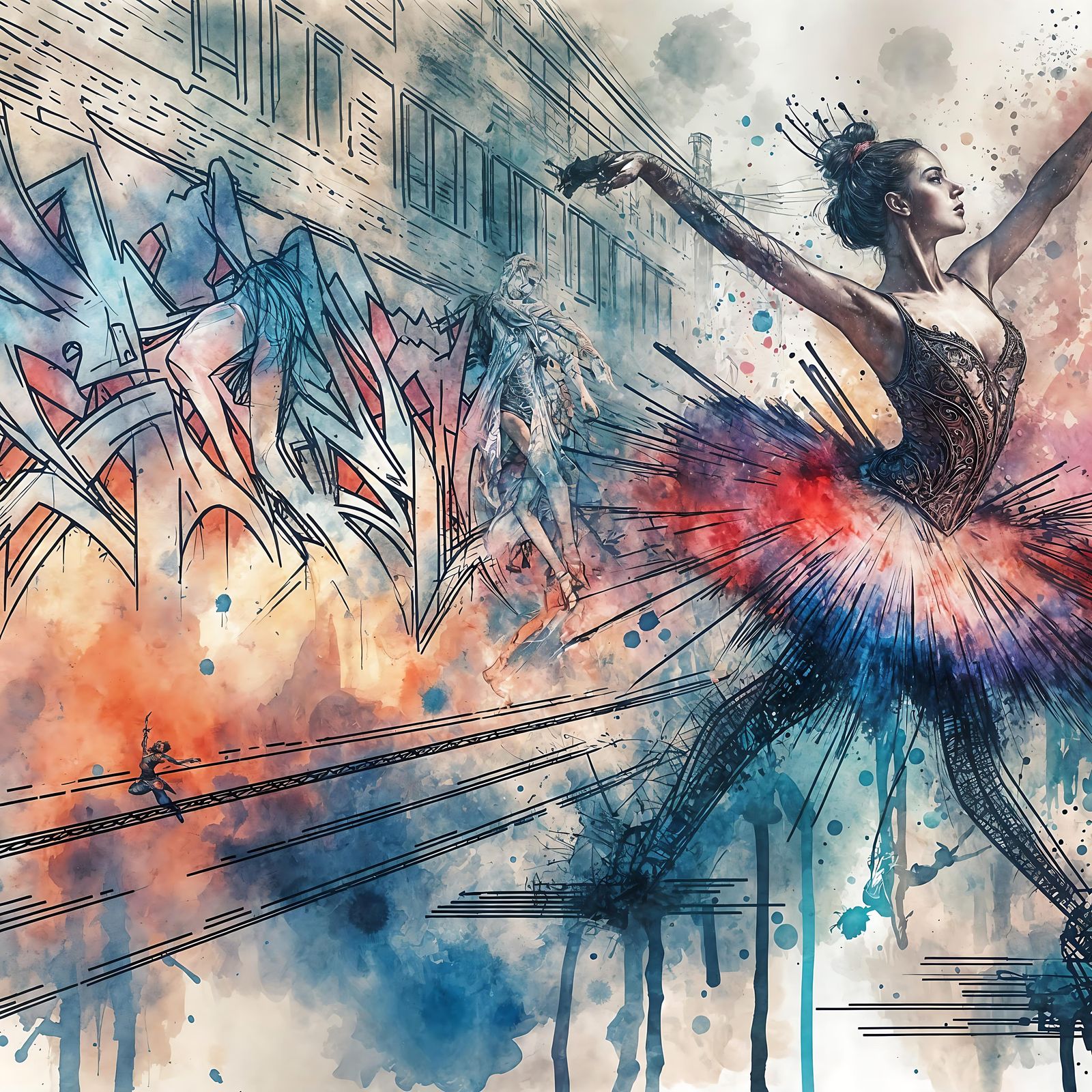 Graffiti Ballerina in Watercolor Style