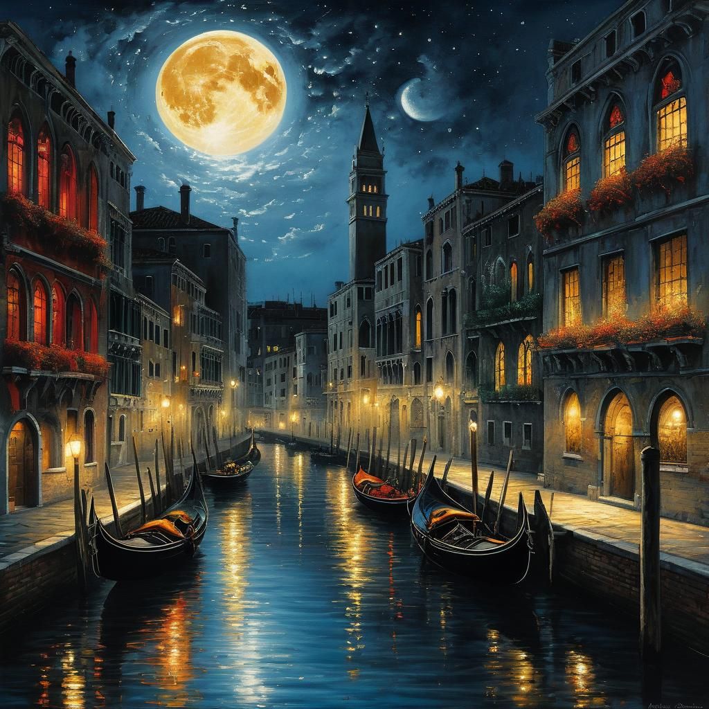 Fantastical Venice Nightscape in Monochrome Watercolor