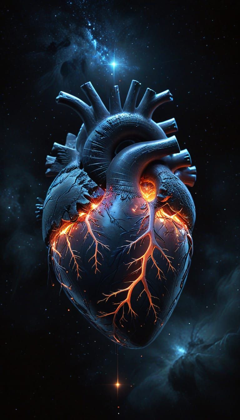 Glowing Anatomical Heart in Cosmic Void
