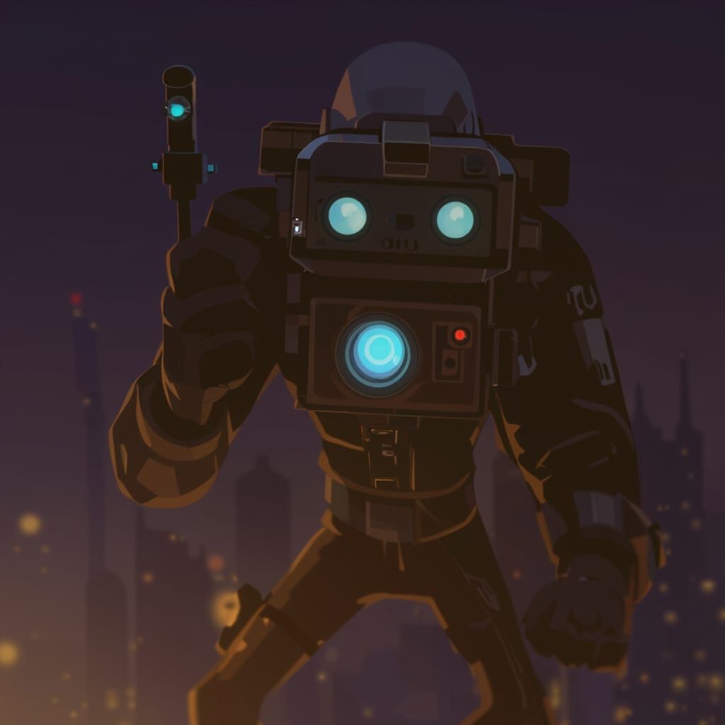 Titan Cameraman in Golden Cityscape, Syd Mead Style