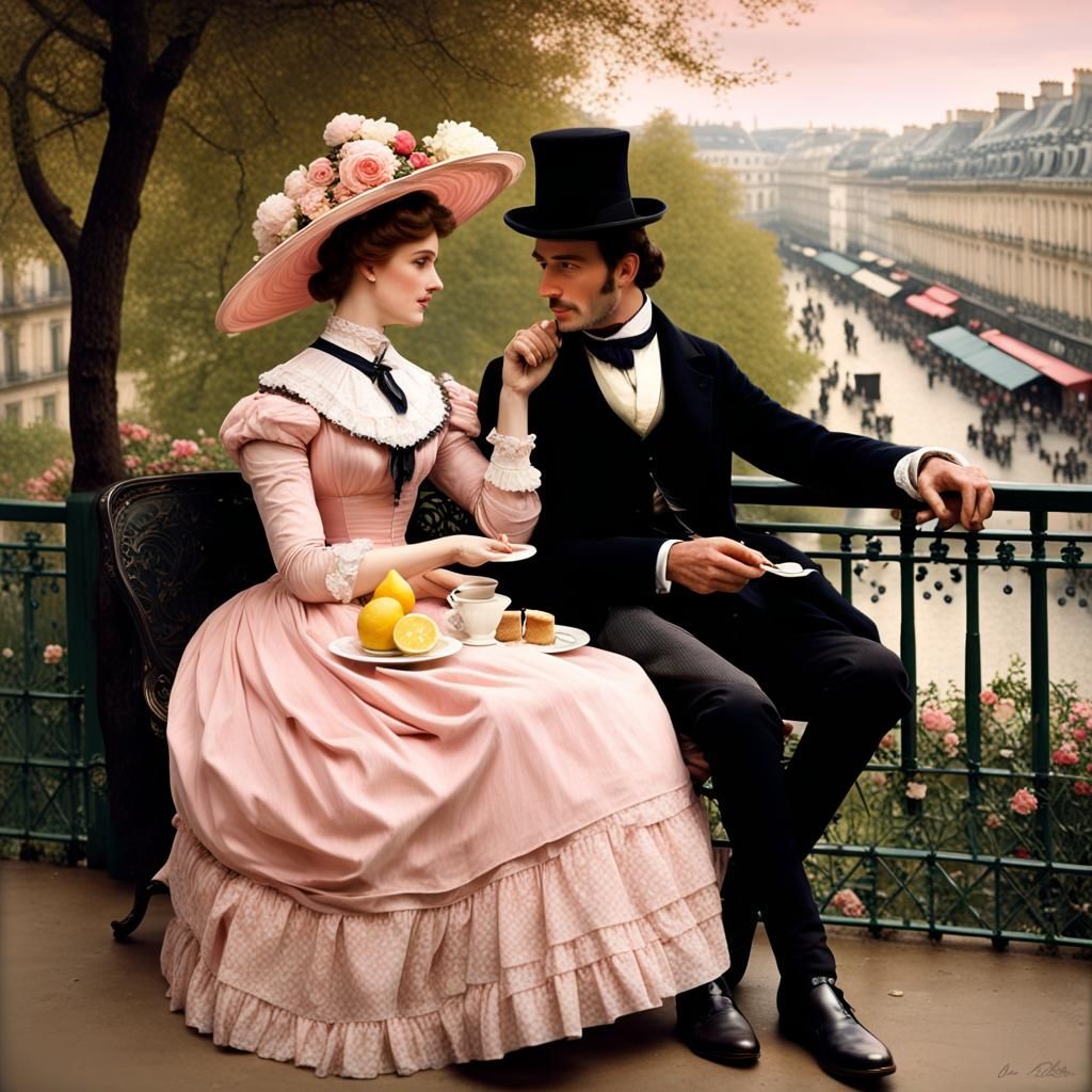 Lovers at Cafe in Paris, Pre-Raphaelite Style
