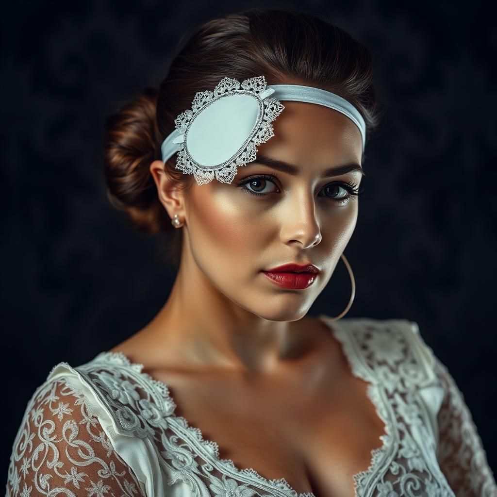 French Woman with Lace Eyepatch in Film Noir Style