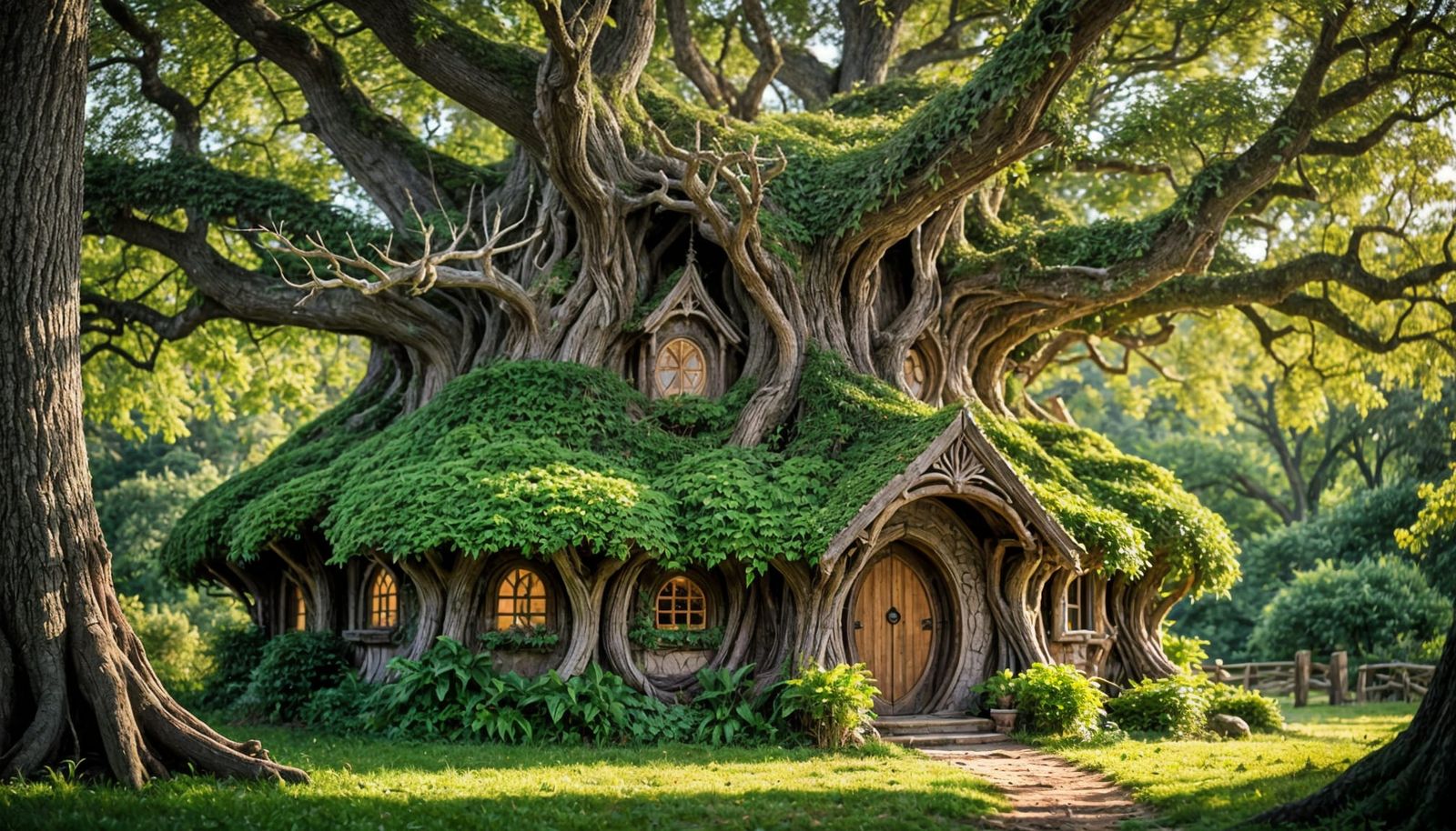 Elven Oak Tree Sanctuary in Vibrant Forest