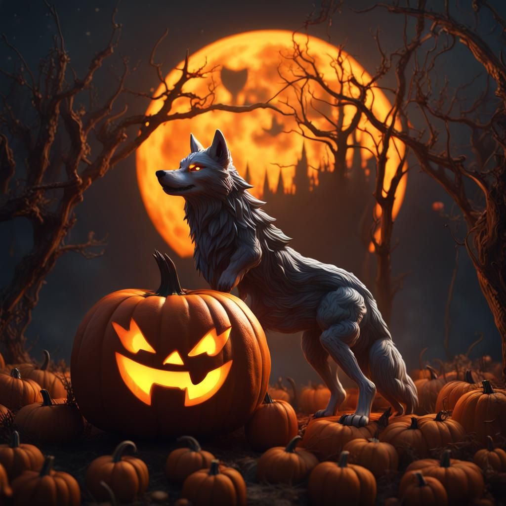 Pumpkin Wolf Howling at Moon, Fantasy Concept Art