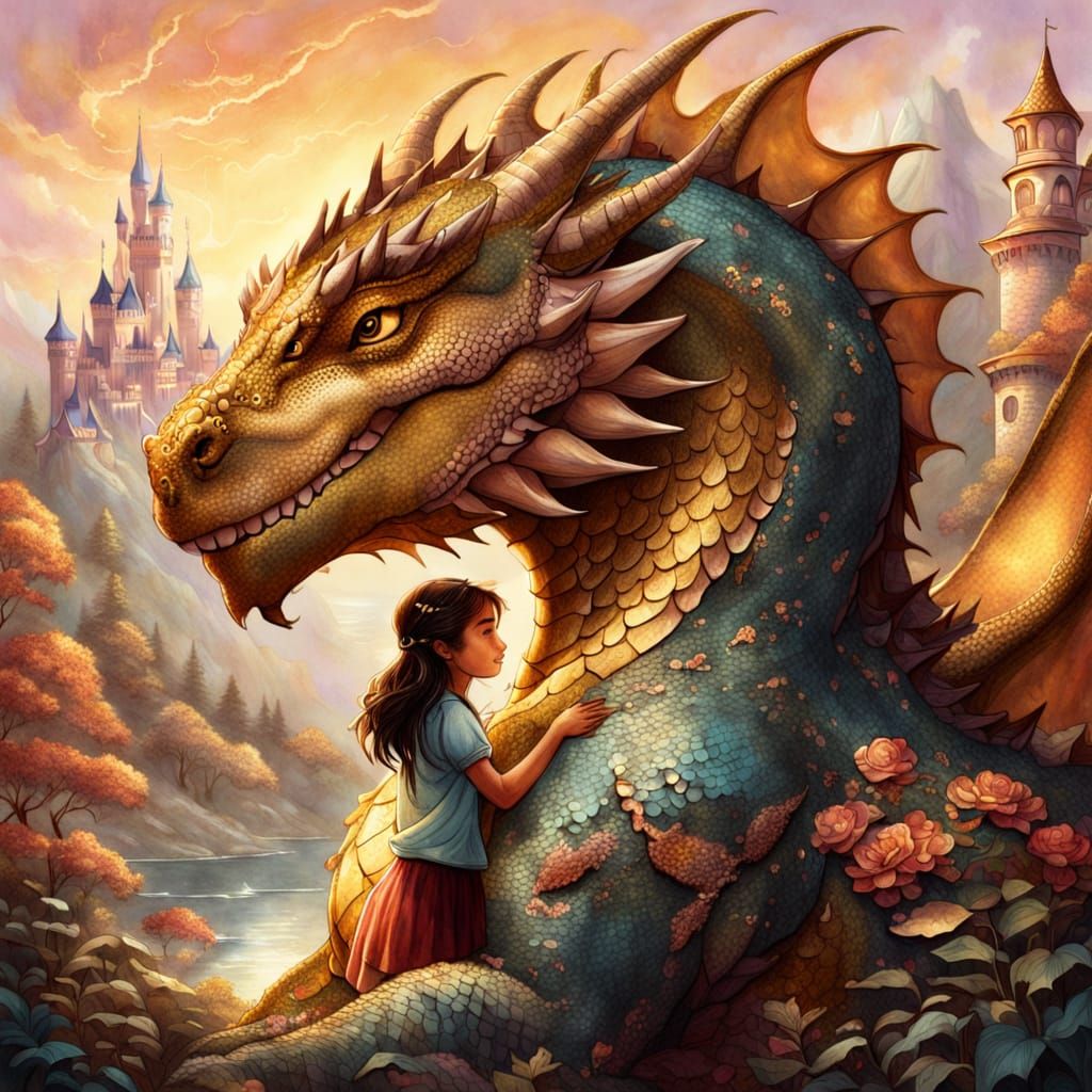 Girl Hugging Dragon: Storybook Watercolor Illustration
