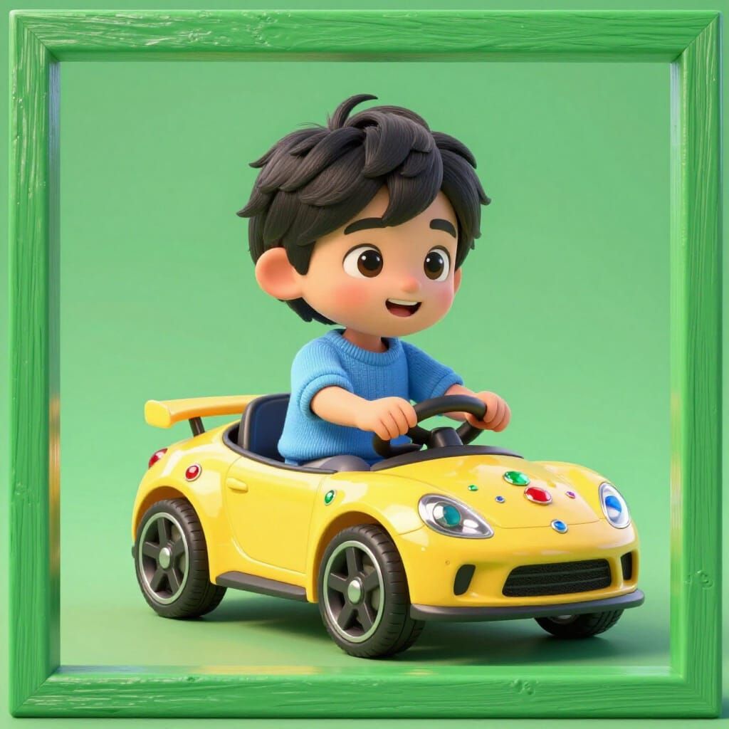 Child Driving Toy Car in Vibrant Green Scene