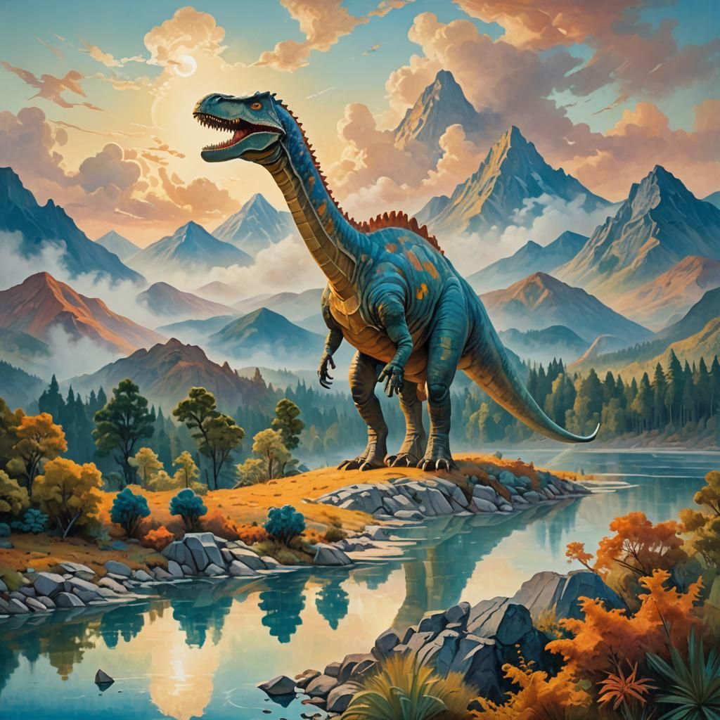 Gigantic Dinosaur in Surreal Landscape as Dreamy Art