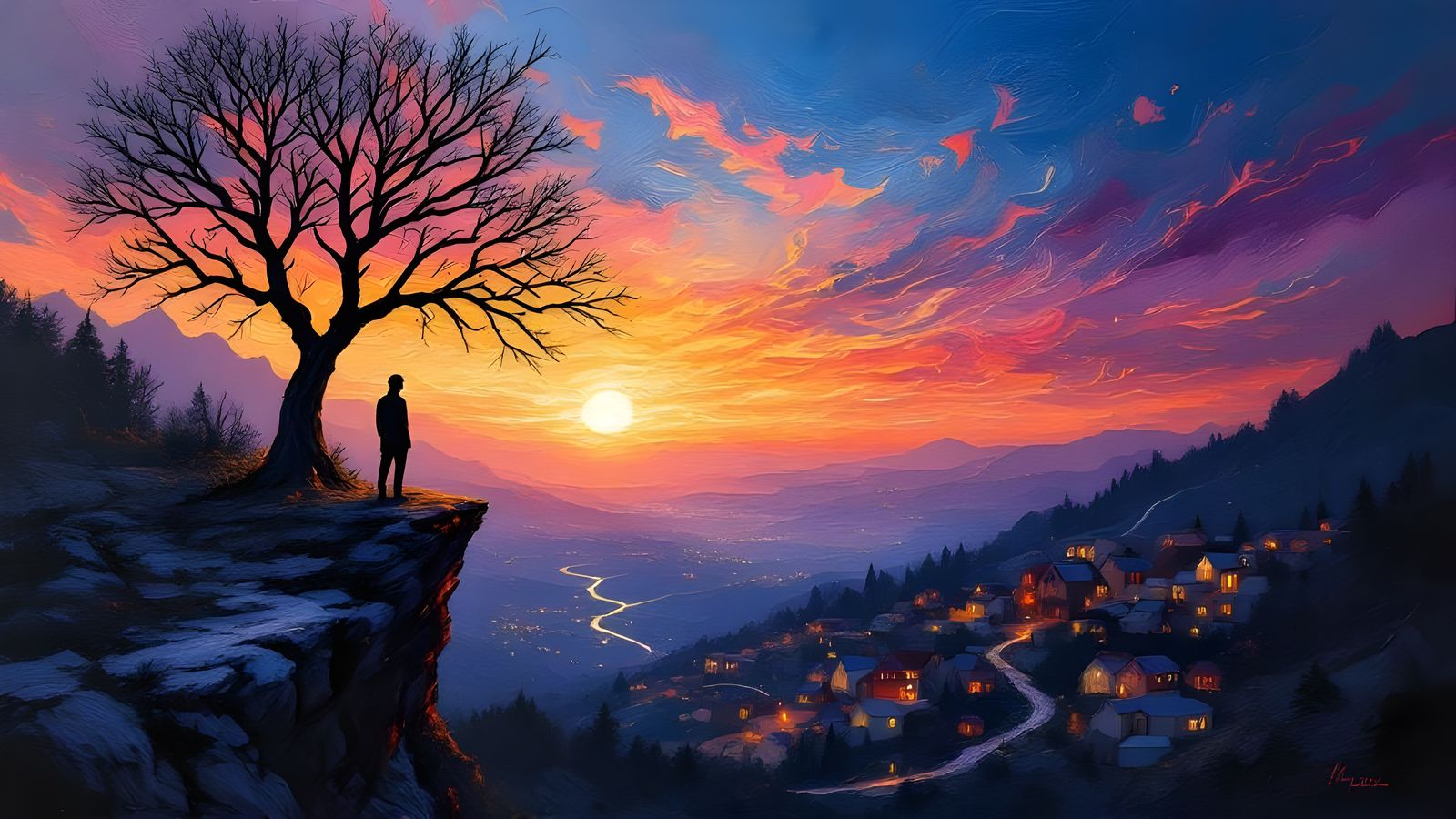 Sunset Cliffside Village: An Impasto Oil Painting