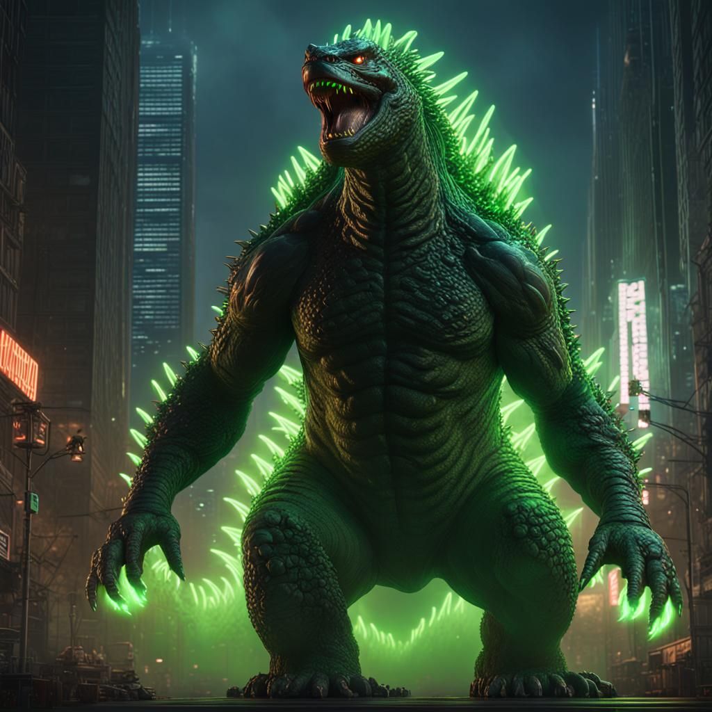 Godzilla with Neon Dorsal Plates: Digital Art