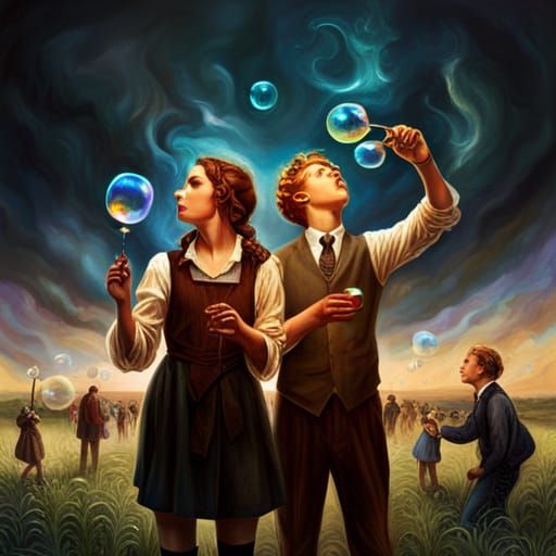 Children Blowing Bubbles in Neovictorian Style