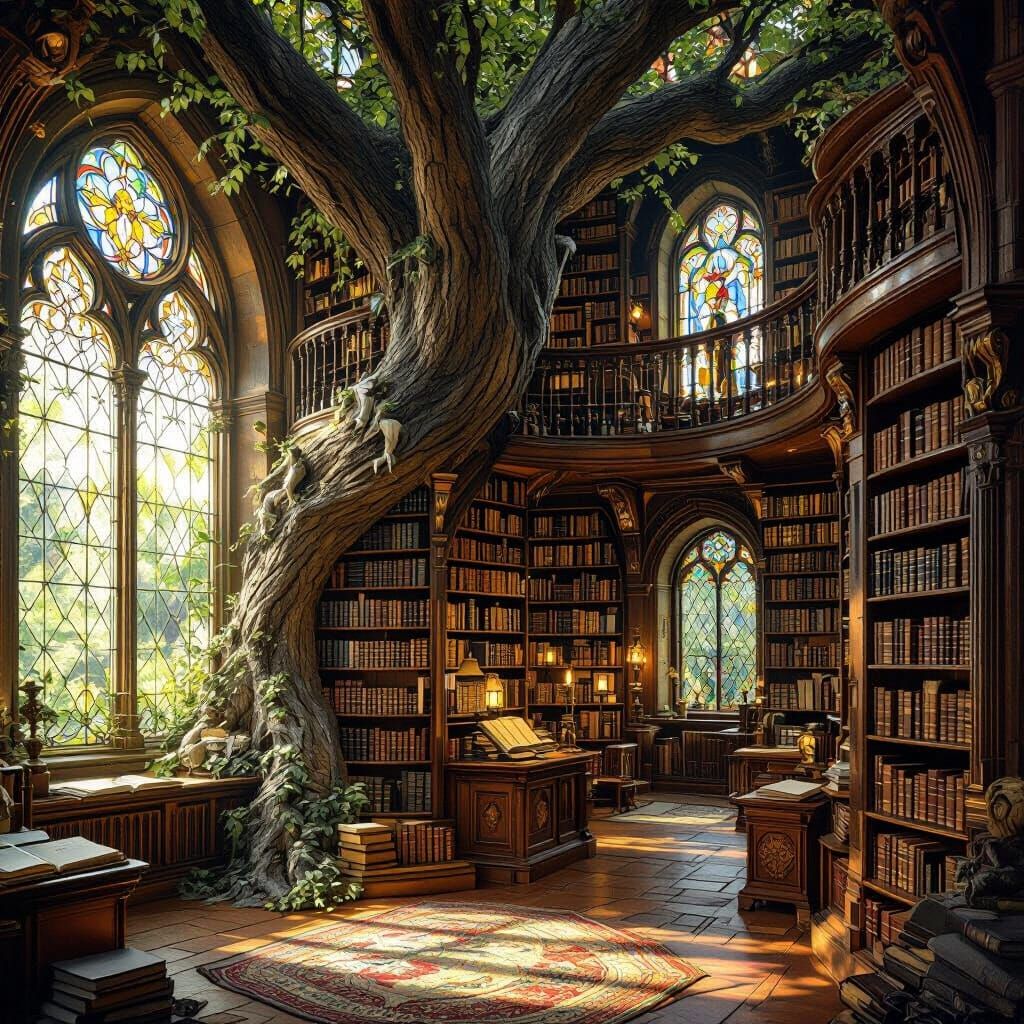 Grand Library Inside Ancient Tree in Pre-Raphaelite Style