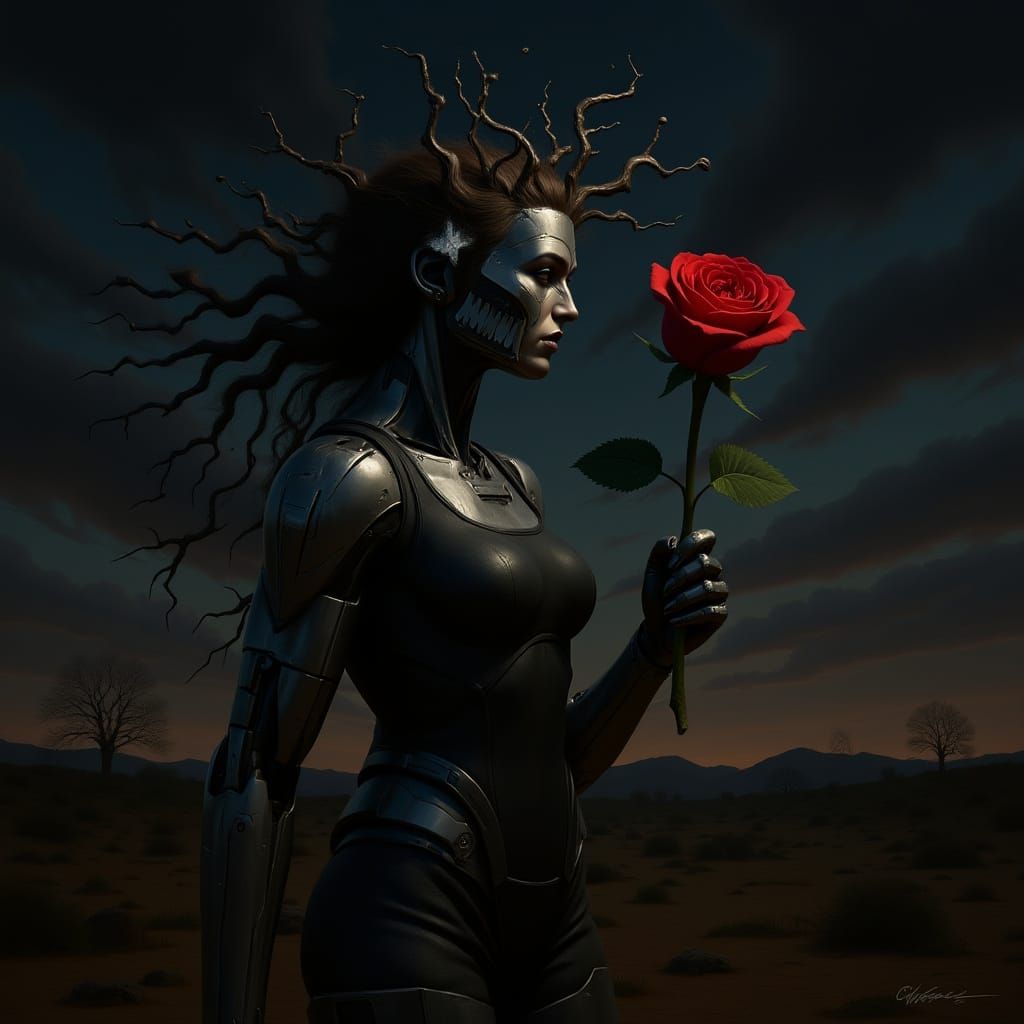 Futuristic Cyborg with Rose, Magritte Style