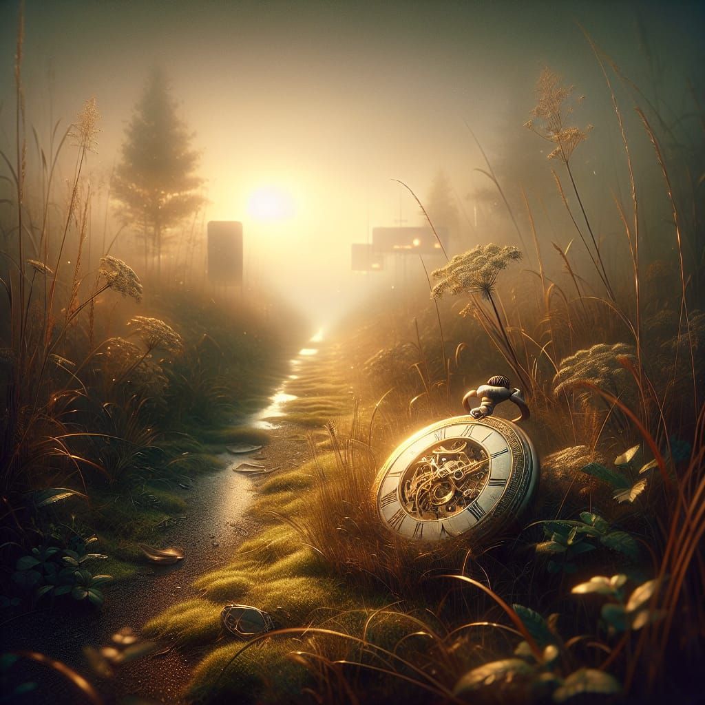 Antique Pocket Watch in Golden Light, Romantic Landscape