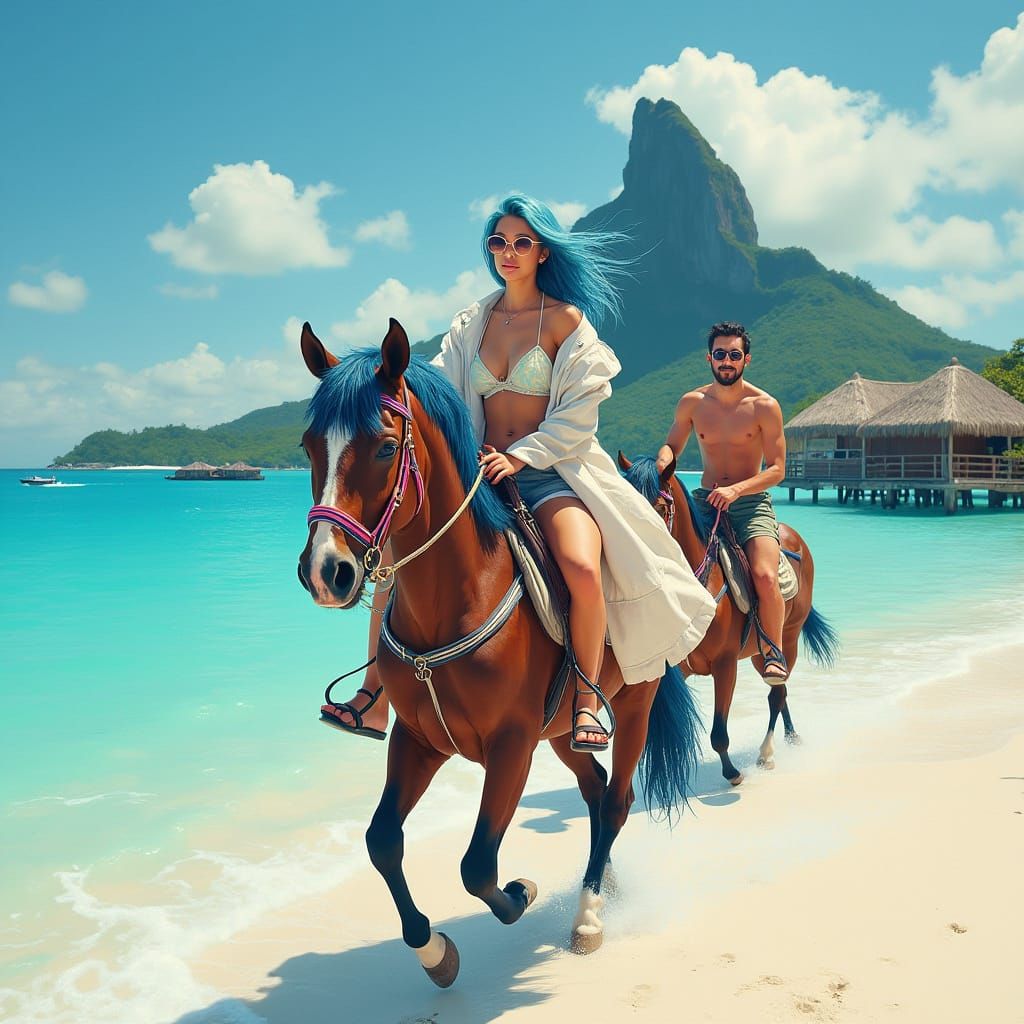 Couple Riding Horses on Bora Bora Beach in Pop Art Style