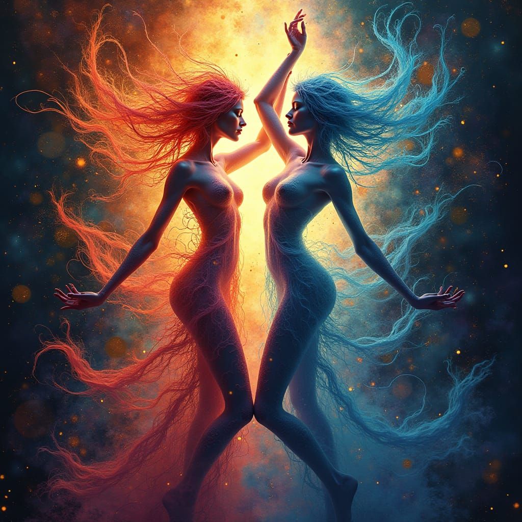 Ethereal Beings in Cosmic Dance, Art Nouveau Inspiration