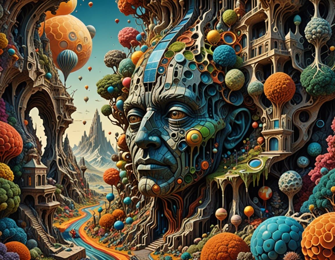 Whimsical Character's Surreal Journey in a Wonderland Collag...