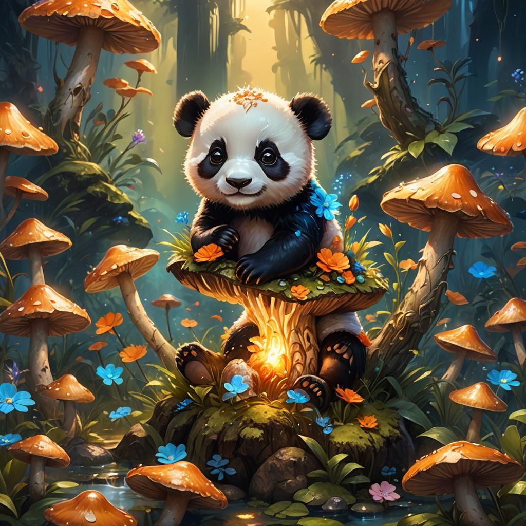 Adorable Panda Cub with Glowing Flower: Concept Art