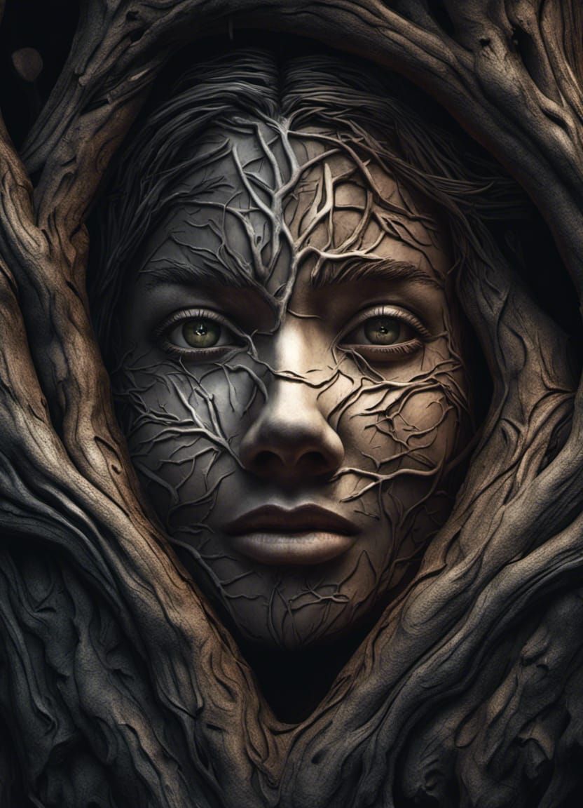 Woman's Face Carved in Tree Overlooking Jungle