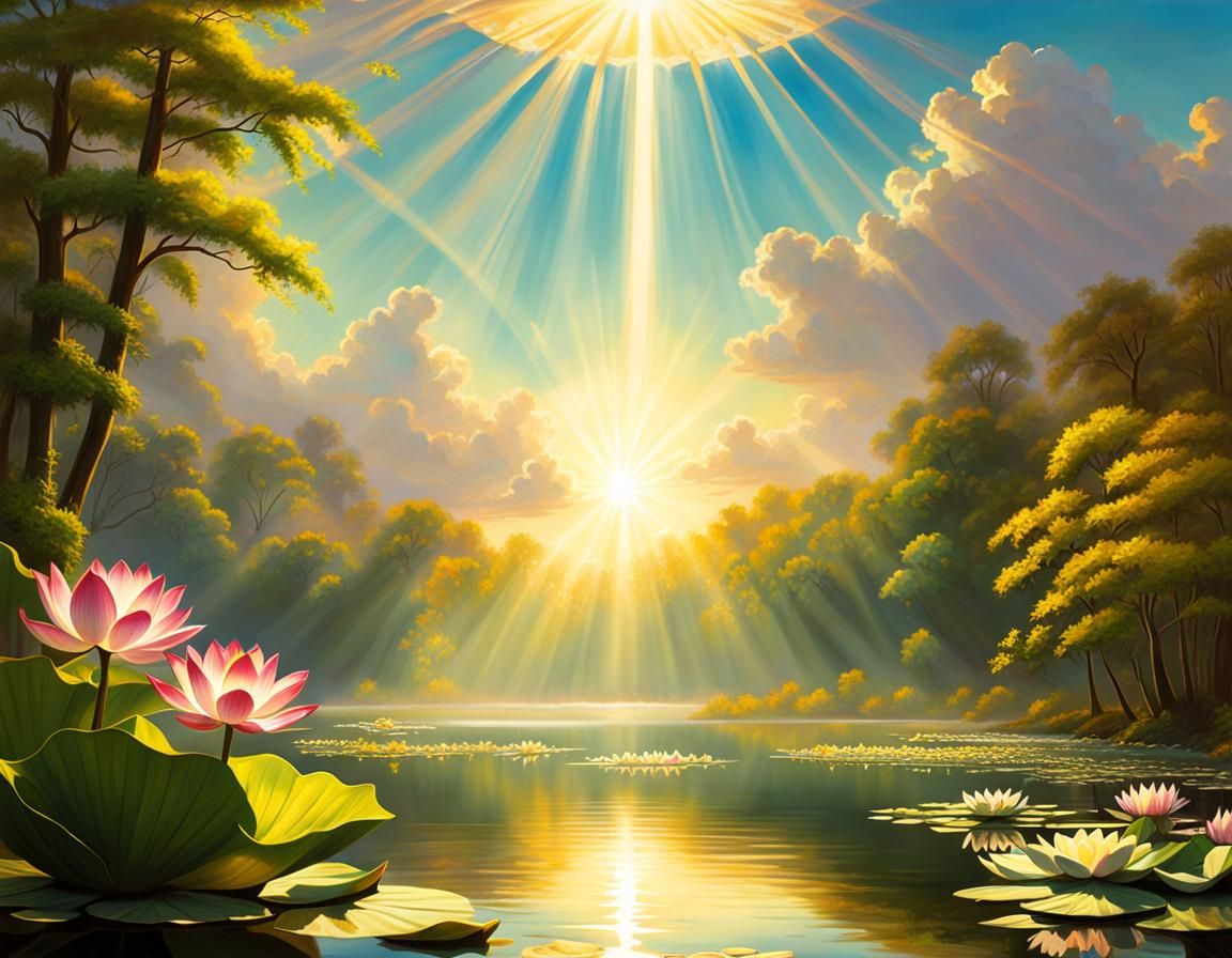 A beautiful lake lotus,  Greg Rutkowski Harlem renaissance matte painting beautiful colorful detailed painting sunshine ...