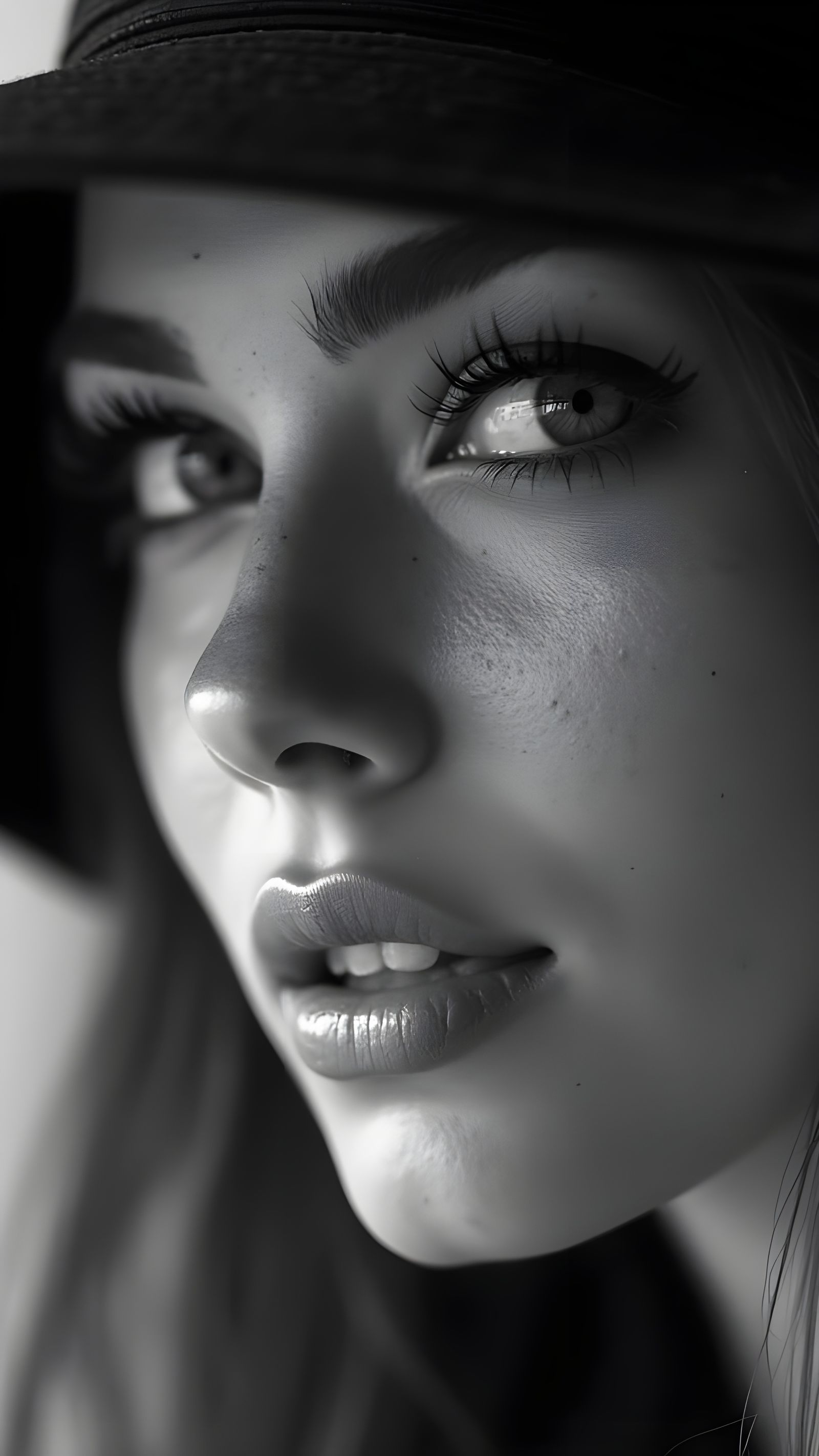 Monochrome Cinematic Portrait of a Woman in Textured Hat