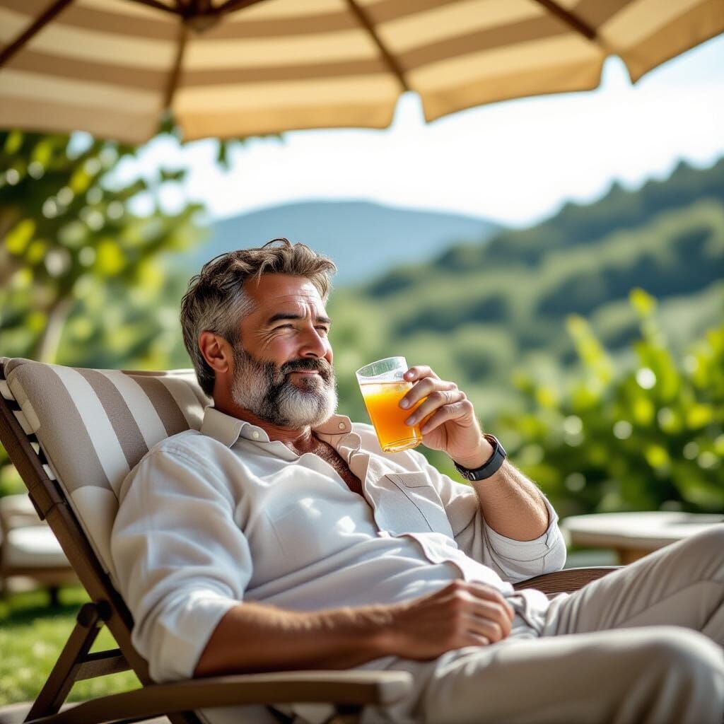 Italian Man Relaxes in Lush Garden, Professional Photography