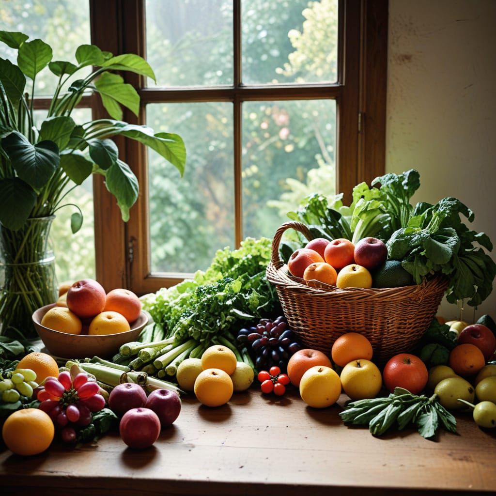 Vintage Still Life of Fresh Fruits and Vegetables