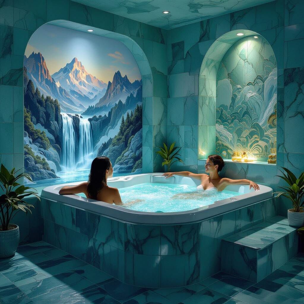 Elegant Jacuzzi Retreat with Mountain Waterfall View