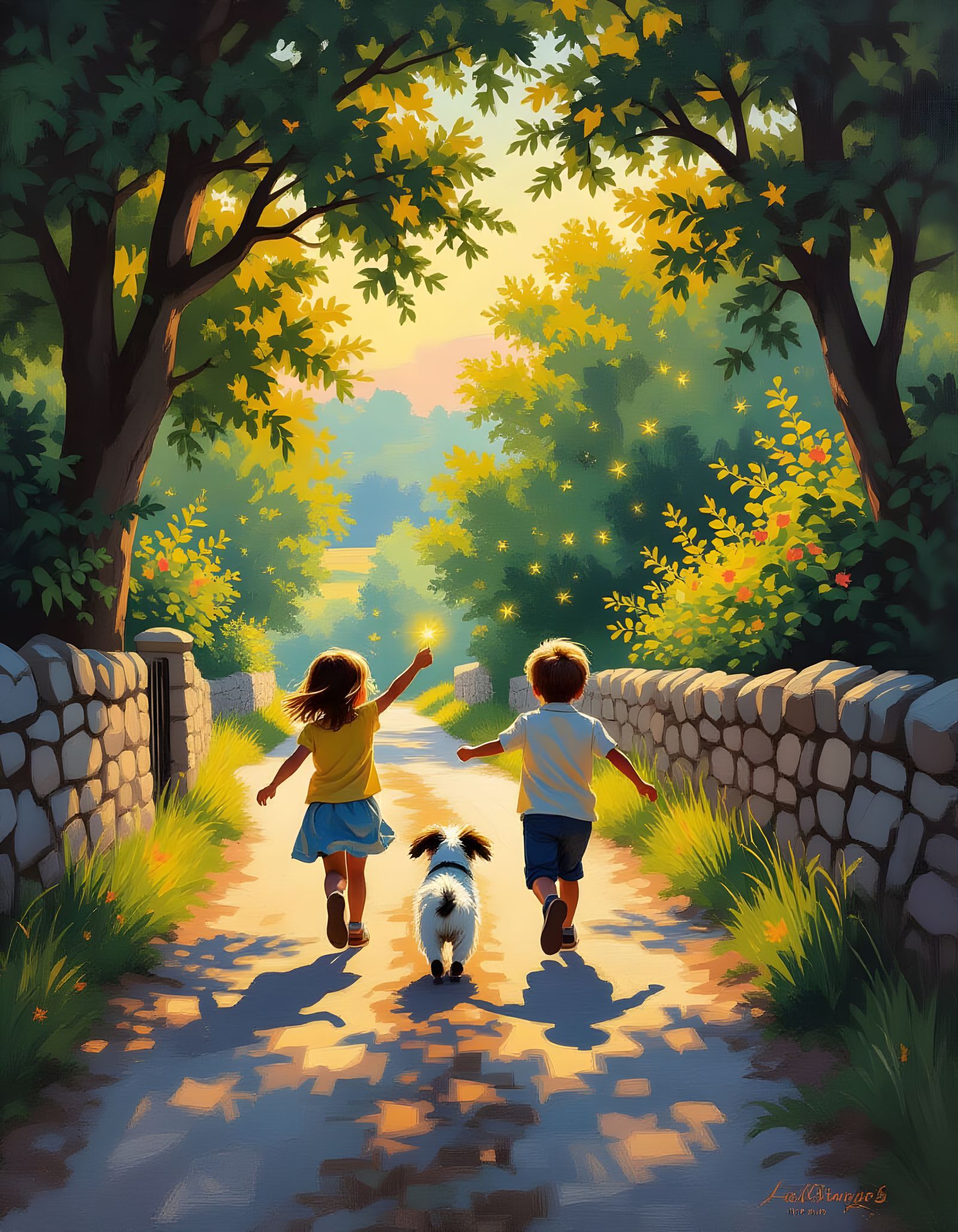 Chasing fireflies in the evening.