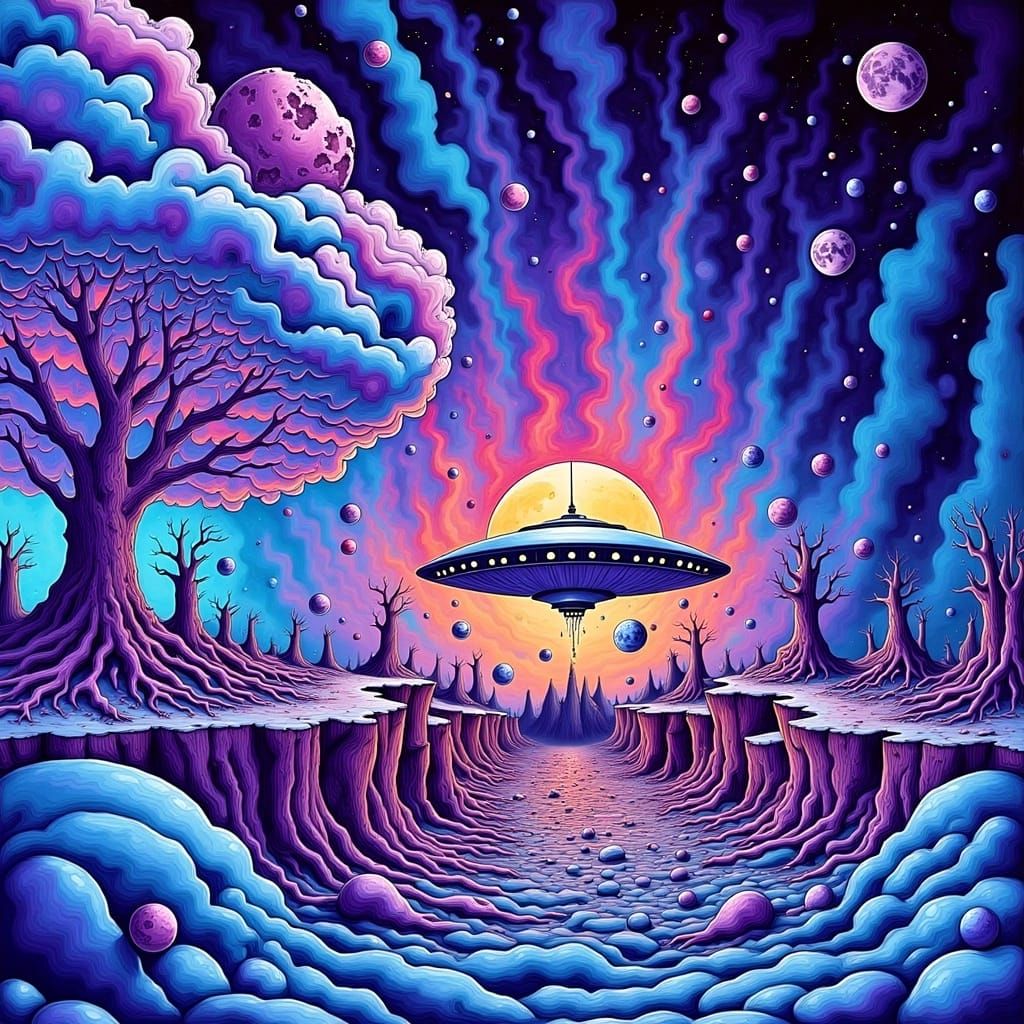 Glowing UFO over Surreal Lunar Landscape