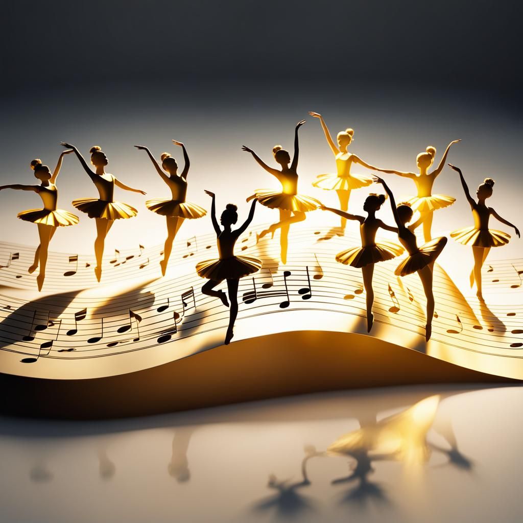 Ballerina Shadows Dance with Golden Notes