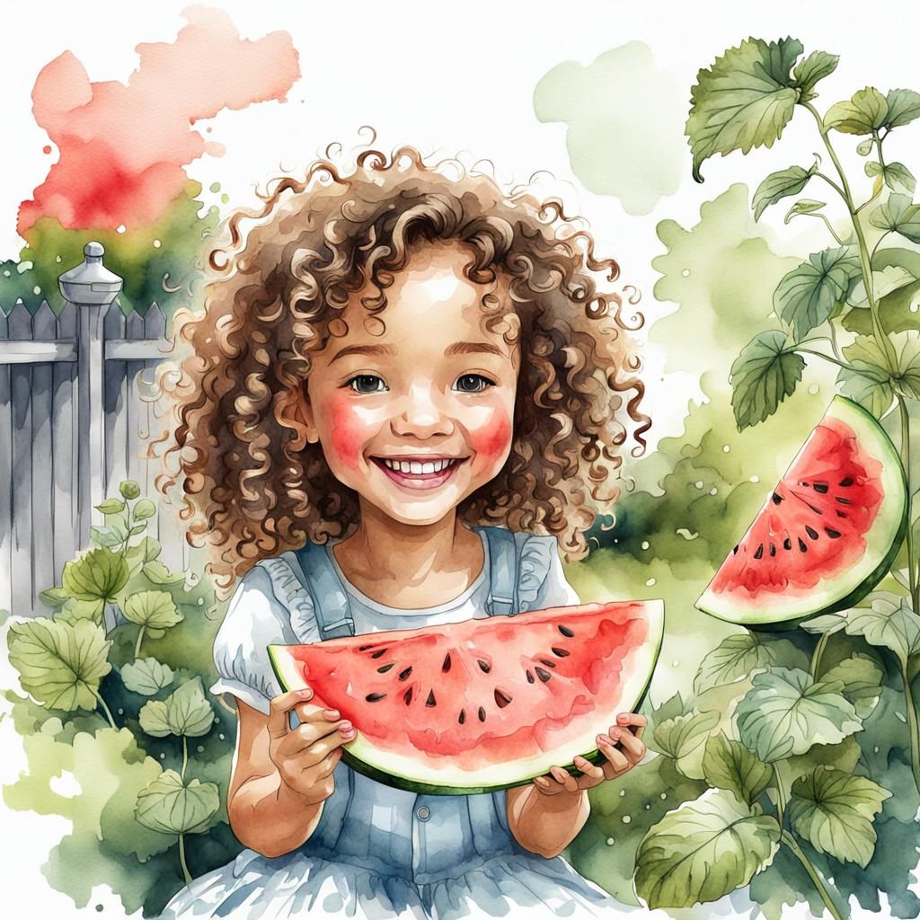 Girl with Watermelon: Digital Watercolor Illustration