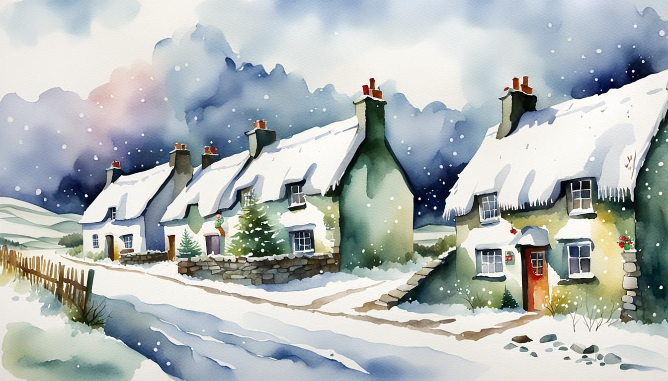 Christmas in Old Irish Village: Watercolor Scene