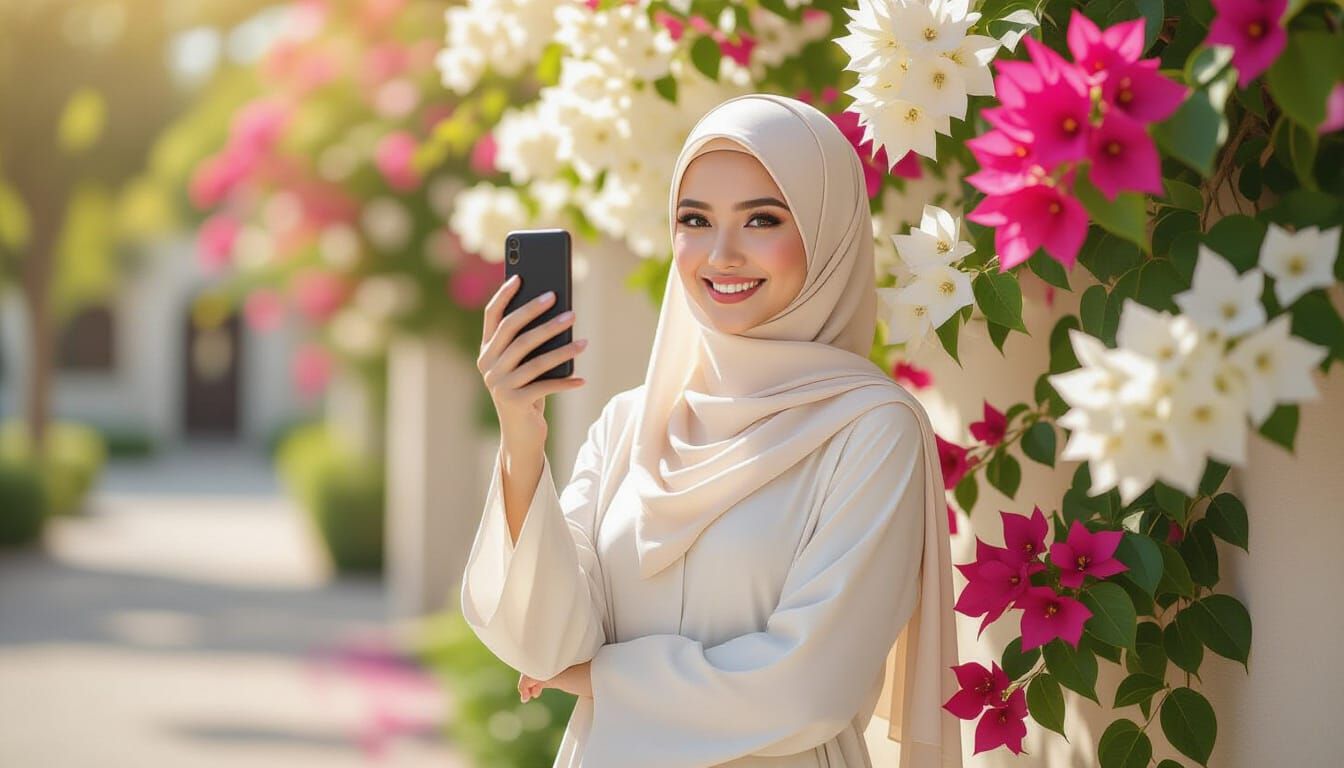 Confident Woman in Hijab Taking Selfie in Romantic Garden