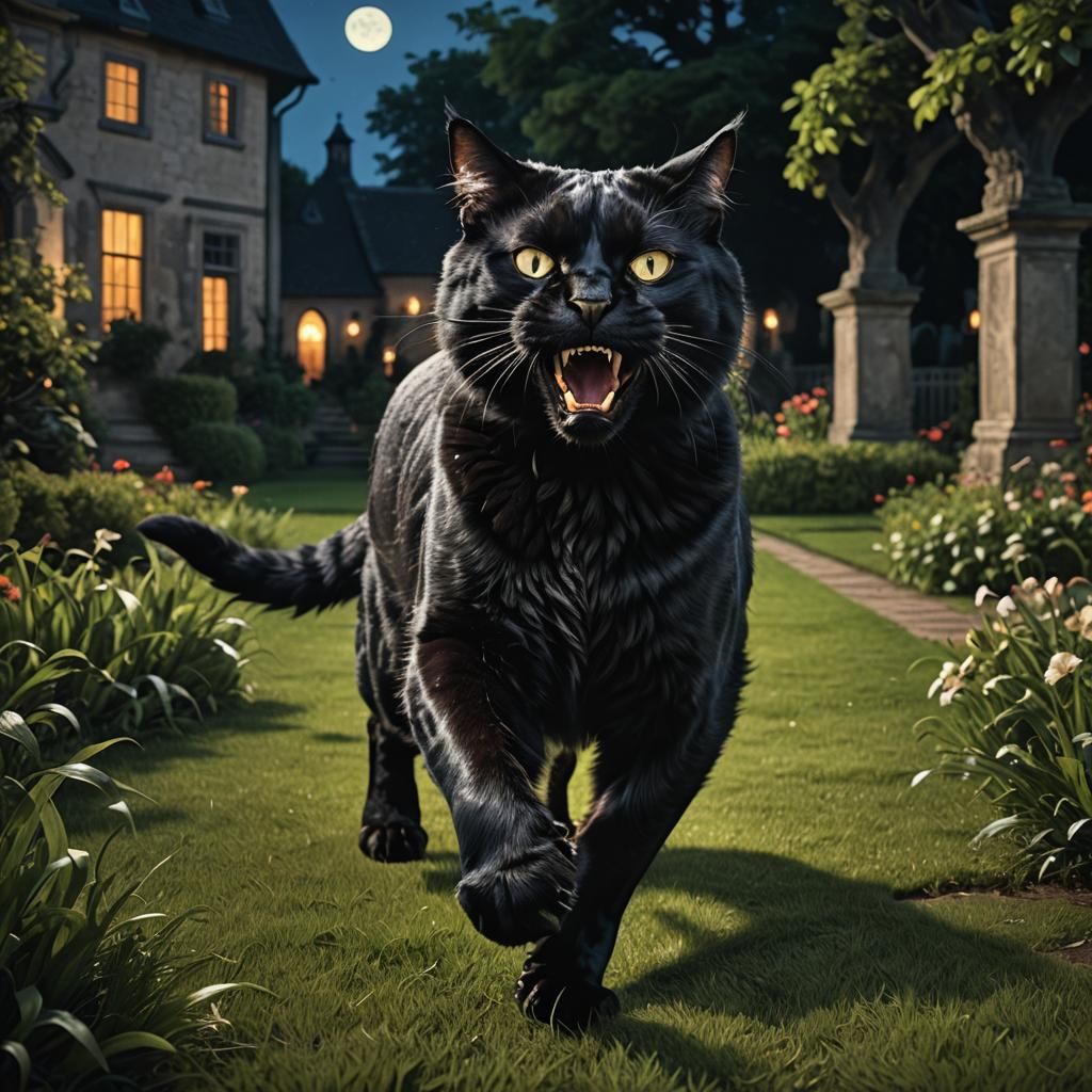 Furious Black Cat in Baroque Garden at Night